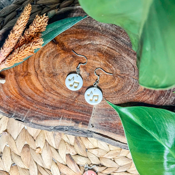 Music Note Porcelain Dangle Earrings - White with Gold Lustre