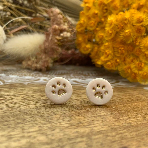 Paw Print Porcelain Stud Earrings with Gold Lustre - White