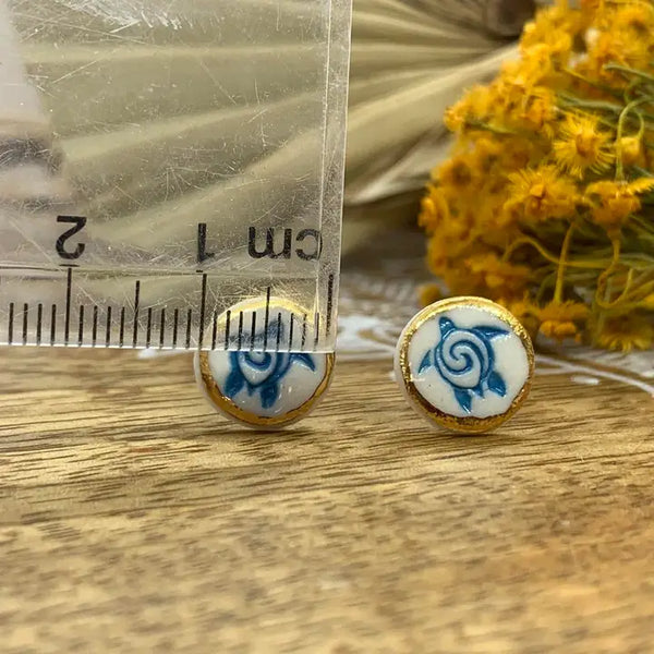 Turtle Porcelain Stud Earrings - Blue and White with Gold Lustre