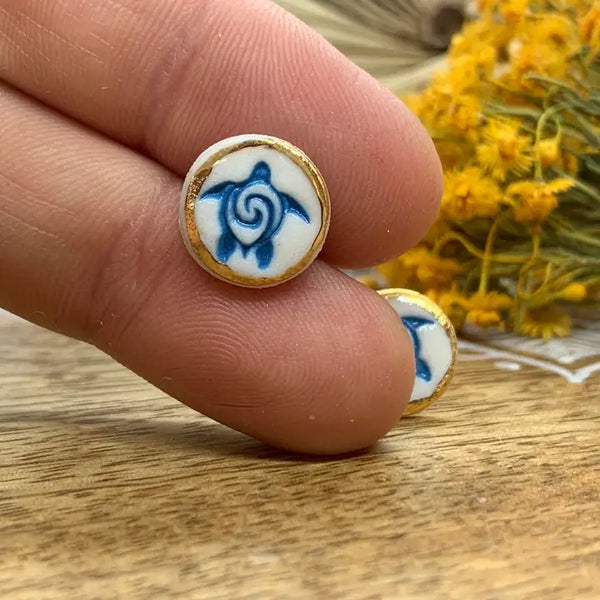 Turtle Porcelain Stud Earrings - Blue and White with Gold Lustre