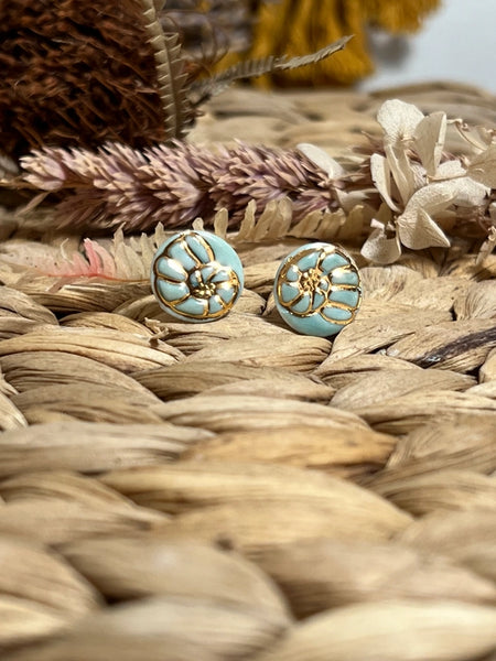 Shell with Gold Ceramic Stud Earrings - Blue Green