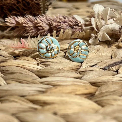 Shell with Gold Ceramic Stud Earrings - Blue Green