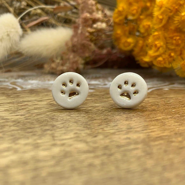 Paw Print Porcelain Stud Earrings with Gold Lustre - White