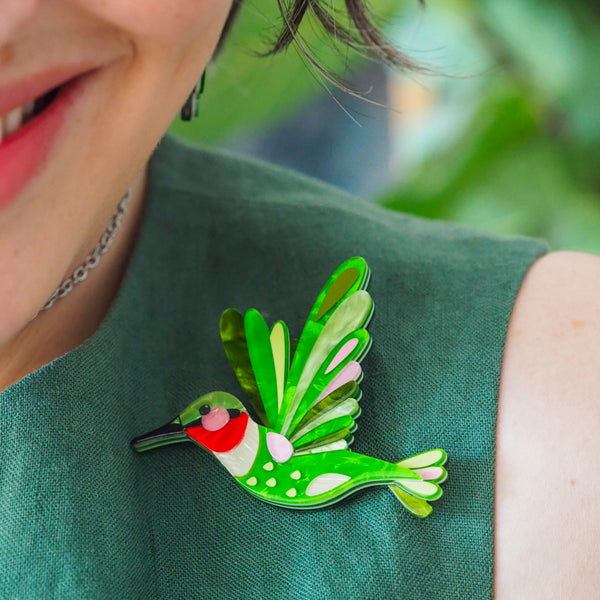 The Riveting Ruby-Throated Hummingbird Brooch