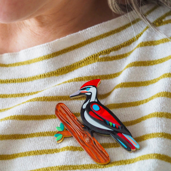 The Persistent Pileated Woodpecker Brooch