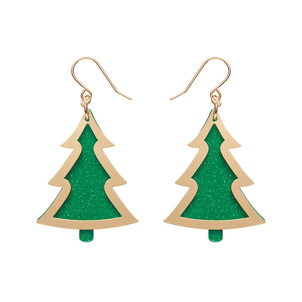 Green Christmas Tree Drop Earrings - Gold