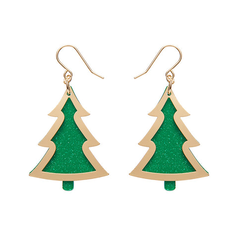 Green Christmas Tree Drop Earrings - Gold