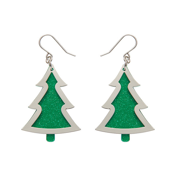 Green Christmas Tree Drop Earrings - Silver