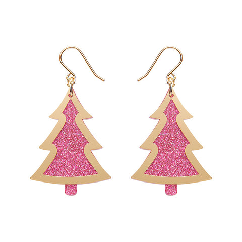 Pink Christmas Tree Drop Earrings - Gold