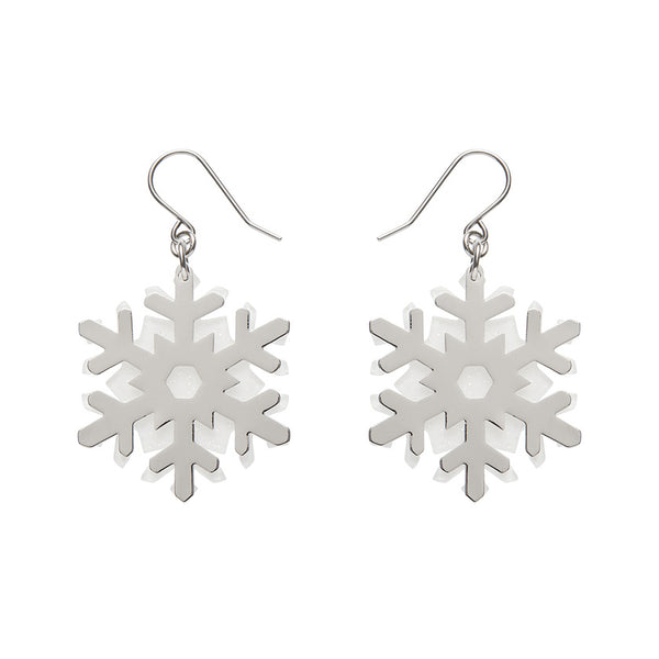 White Snowflake Drop Earrings - Silver