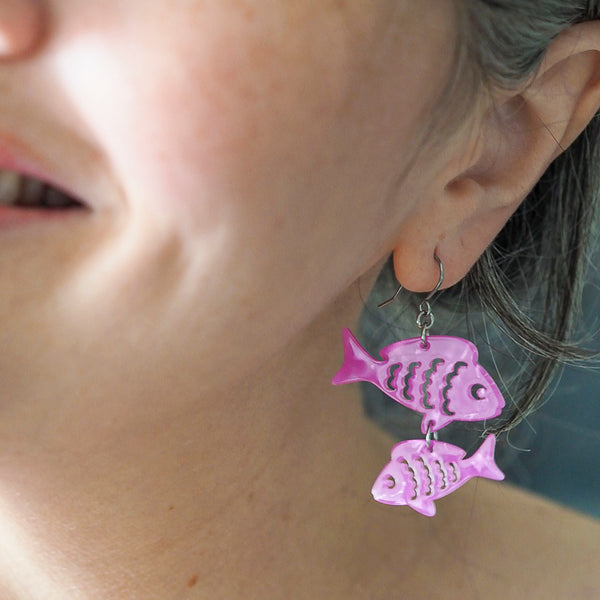 Fish Friends Drop Earrings - Pink