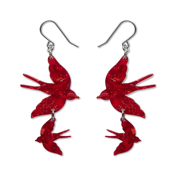 Double Swallow Drop Earrings - Red