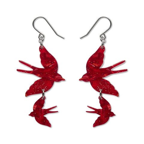 Double Swallow Drop Earrings - Red