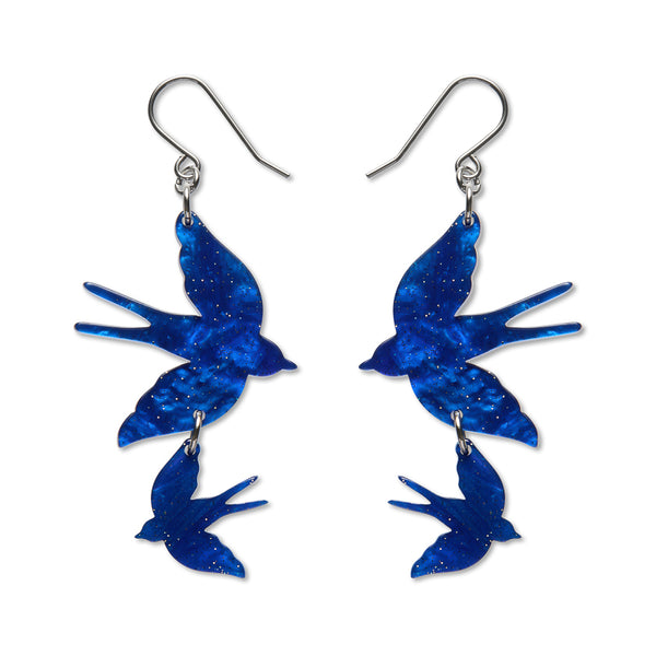 Double Swallow Drop Earrings - Blue