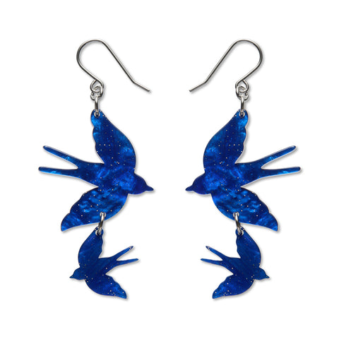 Double Swallow Drop Earrings - Blue