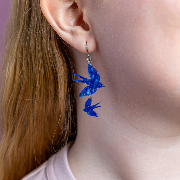 Double Swallow Drop Earrings - Blue