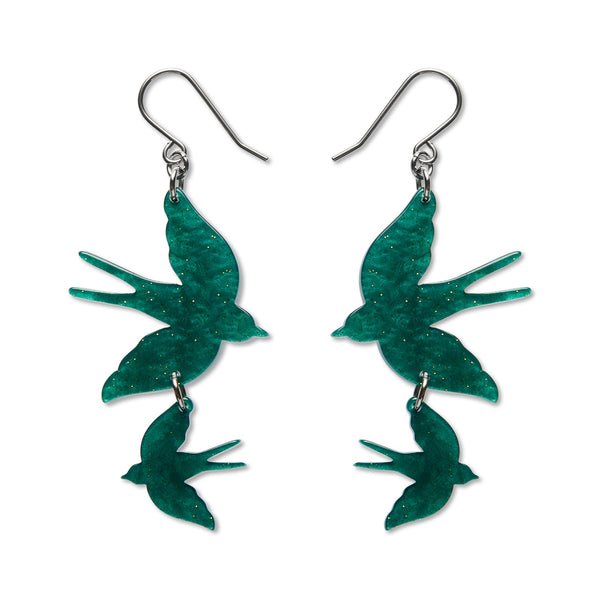 Double Swallow Drop Earrings - Green