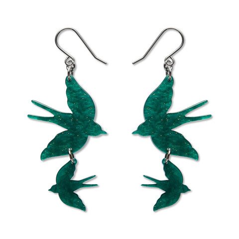 Double Swallow Drop Earrings - Green