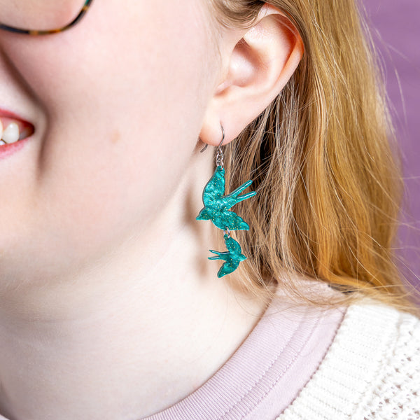 Double Swallow Drop Earrings - Green