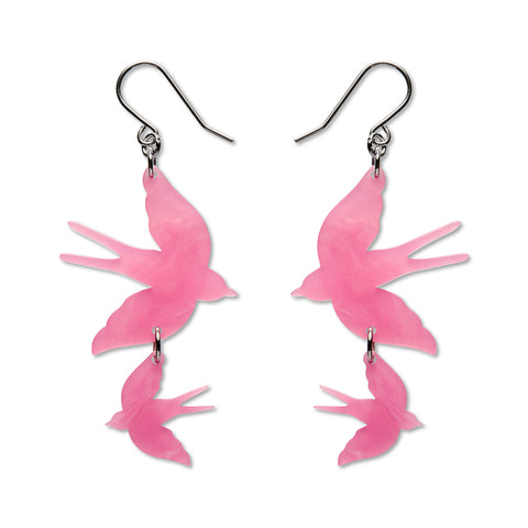Double Swallow Drop Earrings - Pink