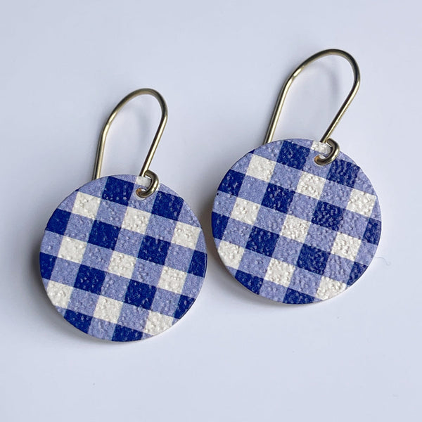 Gingham Patterned Disc Earrings - Denim Blue