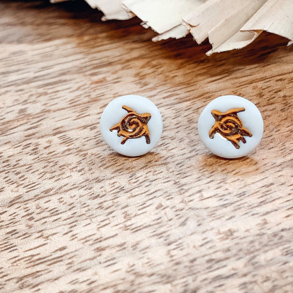 Turtle Porcelain Stud Earrings - White with Gold Lustre