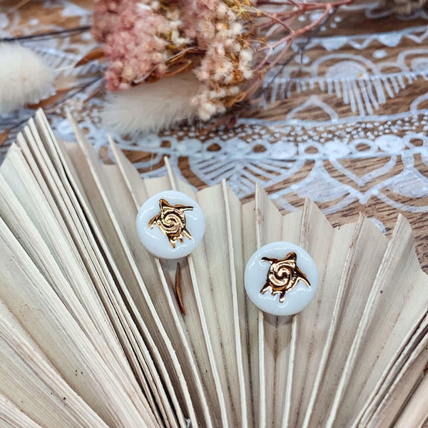 Turtle Porcelain Stud Earrings - White with Gold Lustre