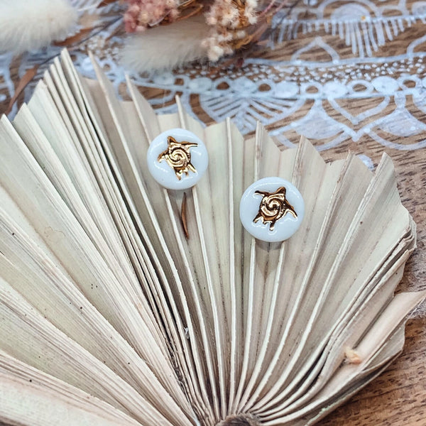 Turtle Porcelain Stud Earrings - White with Gold Lustre