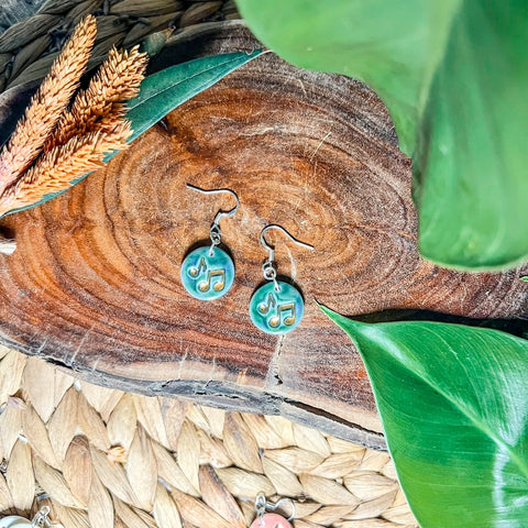 Music Note Porcelain Dangle Earrings - Blue Green with Gold Lustre