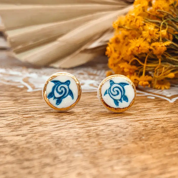 Turtle Porcelain Stud Earrings - Blue and White with Gold Lustre