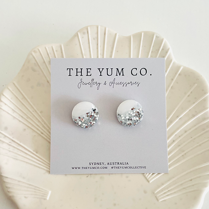 Moon Stud Earrings - White & Silver