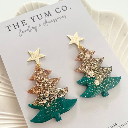 Christmas Tree Earrings -  Green & Gold