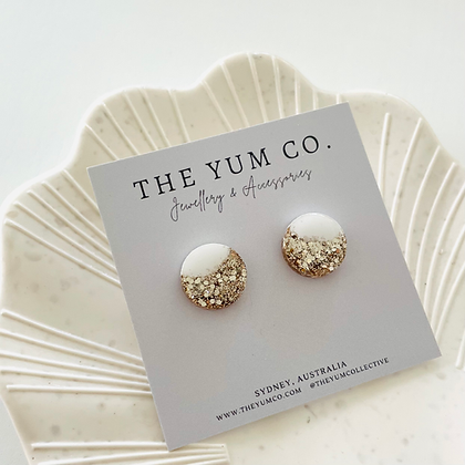 Moon Stud Earrings - White & Gold