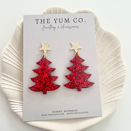 Christmas Tree Earrings -  Red
