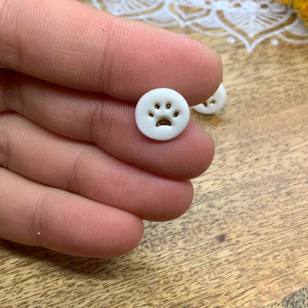 Paw Print Porcelain Stud Earrings with Gold Lustre - White