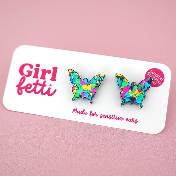 Butterfly Acrylic Stud Earrings - Macaw Flake