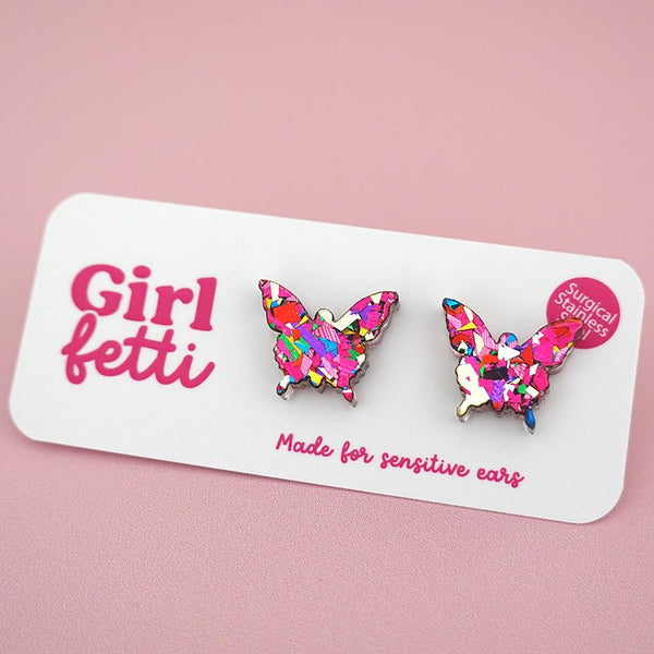 Butterfly Acrylic Stud Earrings - Pink Rainbow Flake