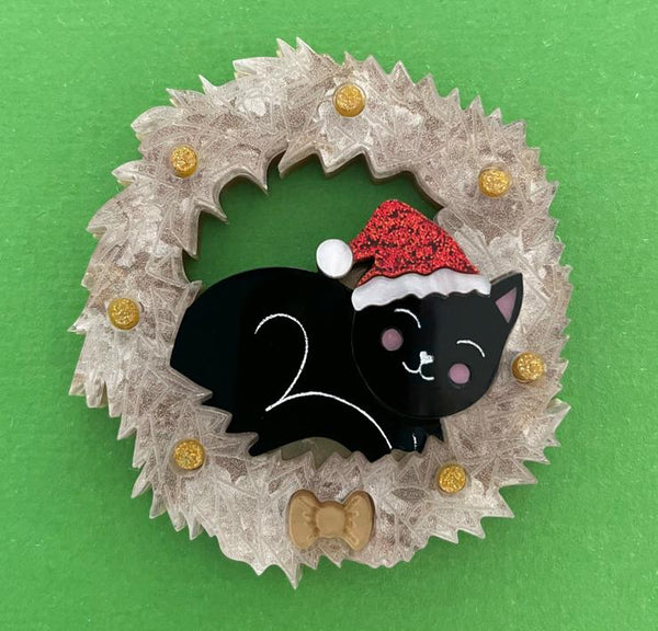 Felicity the Christmas Black Kitty Brooch