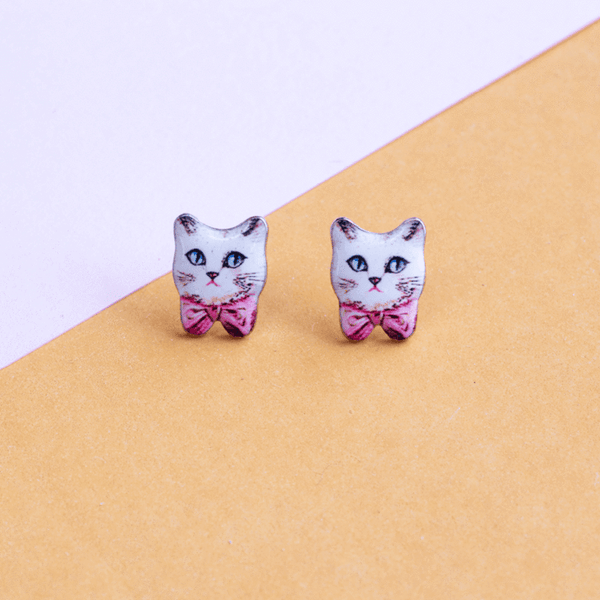 Pink Bow Cat Earrings