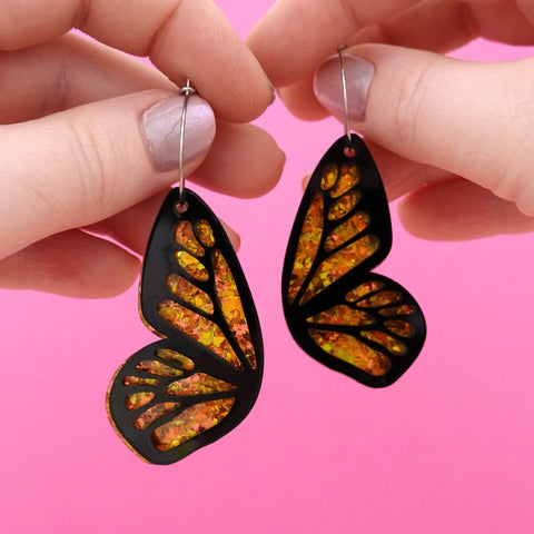 Black & Flame Flake Butterfly Hoop Earrings
