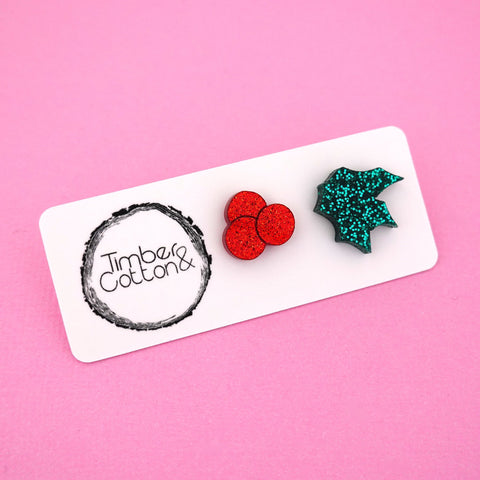 Mistletoe Holly Mismatch Studs