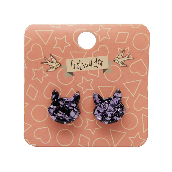 Cat Head Chunky Glitter Resin Stud Earrings - Purple