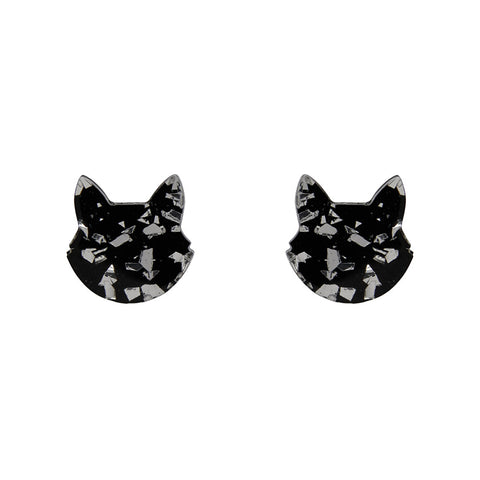 Cat Head Chunky Glitter Resin Stud Earrings - Silver