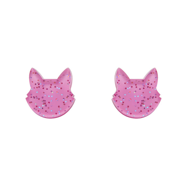 Cat Head Glitter Resin Stud Earrings - Pink