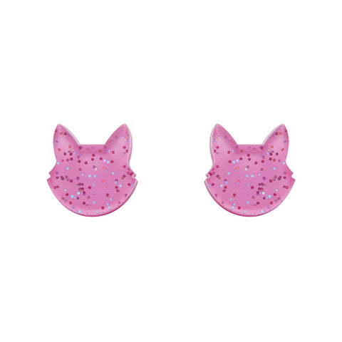 Cat Head Glitter Resin Stud Earrings - Pink