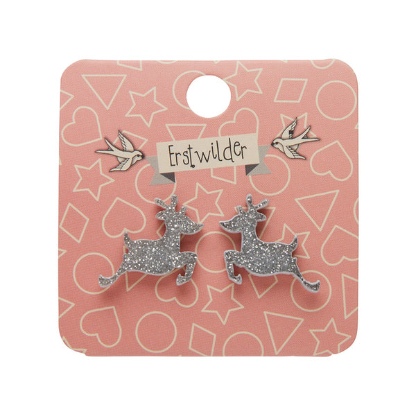 Reindeer Glitter Resin Stud Earrings - Silver