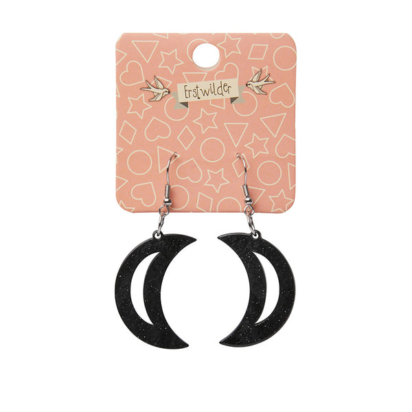 Crescent Moon Ripple Glitter Resin Drop Earrings - Black