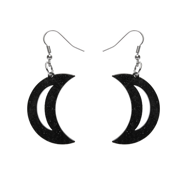 Crescent Moon Ripple Glitter Resin Drop Earrings - Black