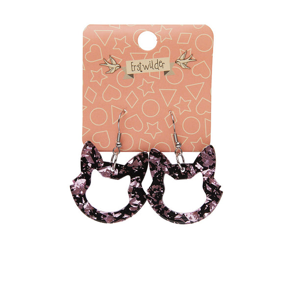 Cat Head Chunky Glitter Resin Drop Earrings - Pink