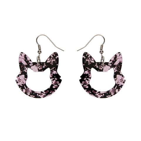 Cat Head Chunky Glitter Resin Drop Earrings - Pink